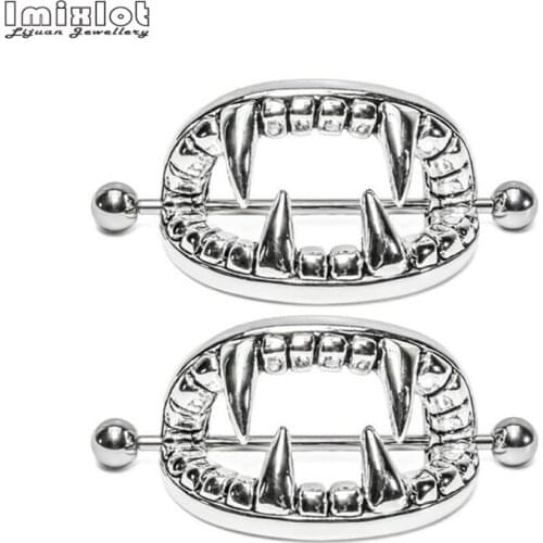 2Pcs Stainless Steel Piercing Nipple Ring Fashion Body Piercing Monster Teeth Nipple Shield Rings Body Jewelry For Women Girls
