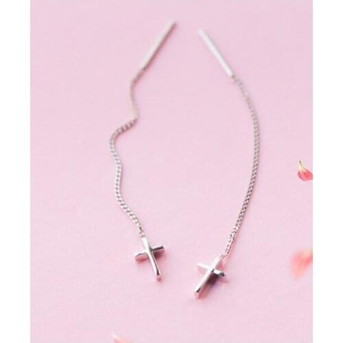Real. 925-STERLING-SILVER pull through Polished Cross threader Dangle Earrings for women jewelry for ladys GTLE1200