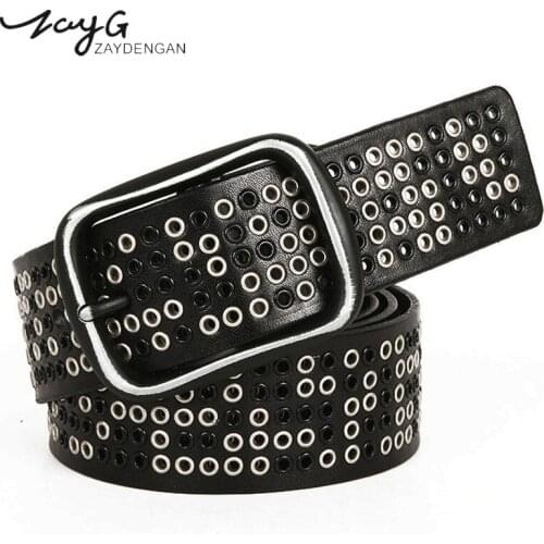 ZAYG Punk Men and Womens Fashion Pin Buckles Rivet Genuine Leather Belts Wild Casual Simple Personality Hipster Luxurious Belt