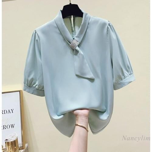 Short Sleeve Chiffon Blouse Woman Summer Lace-up V-neck Shirt Lady Top Blue Blusas Mujer De Moda 2021 Nancylim