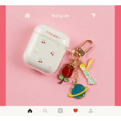 Cute Cherry Flower Pattern Silicone Earphone Case For AirPods Pro 1 2 Wireless Bluetooth Headset Cover With Rose Boy Key Ring