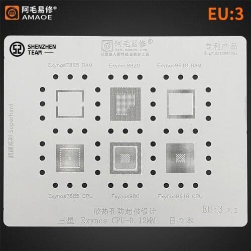 AMAOE Stencil EU:3 EU3 For Samsung Exynos7885 RAM 9820 Exynos9610 RAM 980 Exynos7885 9610 CPU Reballing Stencil Welding Template