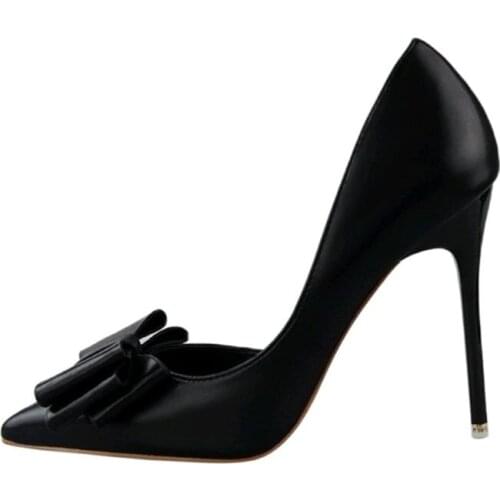 Stiletto high heels shallow mouth pointy side hollow single shoes bow high heels