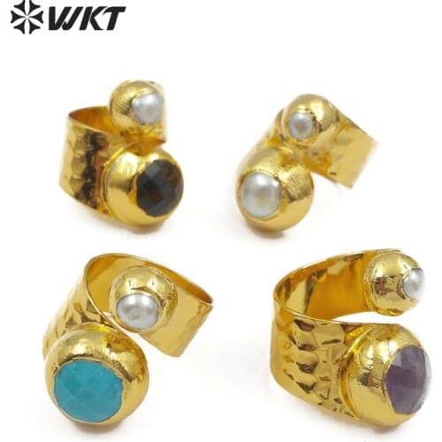 WT-R329 WKT Wholesale 10pcs/lot new style Unique double-layer ring with natural stone and pearl embellishment ladies gold ring