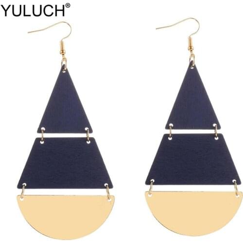 YULUCH Fashion Jewelry Pop Long Drop Earrings For Women Party Ethnic African Indian Big Black Wooden Gold Metal Pendant Earrings
