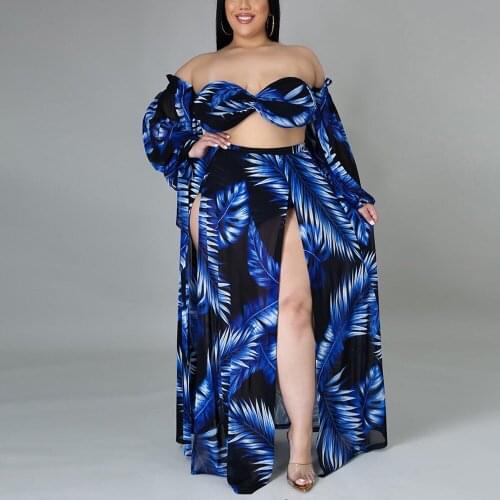 Plus Size Long Skirts With Top Sets Women Floral Print Slash Neck Tops & High Split Skirt Fashion Sexy Evening Club Outfits Sets