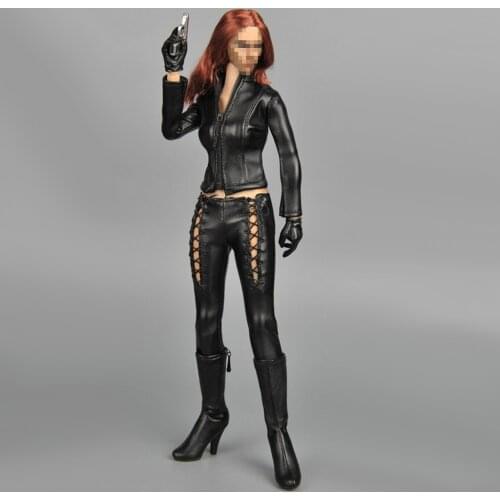1/6 Scale Female Clothes Black Faux Black Widow Leather Jumpsuit for Action Figures Female Body Accs Toys
