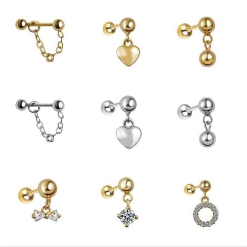 INZATT 1 Pcs Real 925 Sterling Silver Zircon Round Heart Chain Pendant Stud Earrings For Women Punk Fine Jewelry 14k Accessories