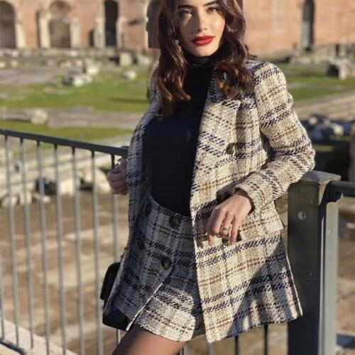 2021 Spring Elegant Woman Beige Plaid Textured Suits Ladies Casual Blazer Suit Female Chic Streetwear Tweed Short Skirt Suit