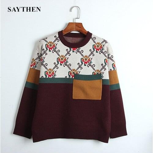 SAYTHEN Womens Sweater Loose Lazy Knit Sweater Round Neck Stitching Design Jacquard Sweater Top