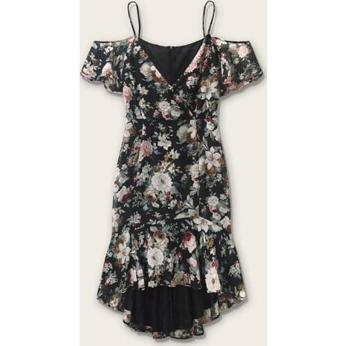Summer Floral Dress Women Elegant Asymmetrical Off The Shoulder Spaghetti Strap Midi Party Dresses
