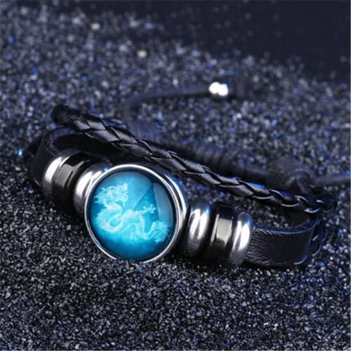 12 Animal Bracelets Zodiac Sign Bracelets Black Leather Bracelet Punk Men Tiger Dragon Horse Dog Woven Jewelry Gifts