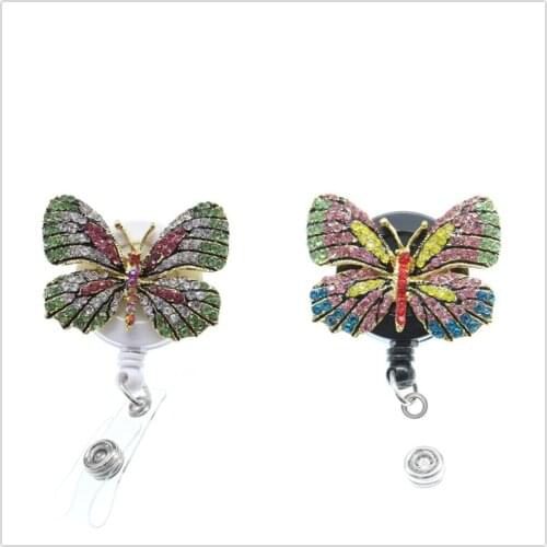 10 pieces free shipping Beatiful Rhinestone Crystal Butterfly Insect Retractable ID Badge Holder Reel
