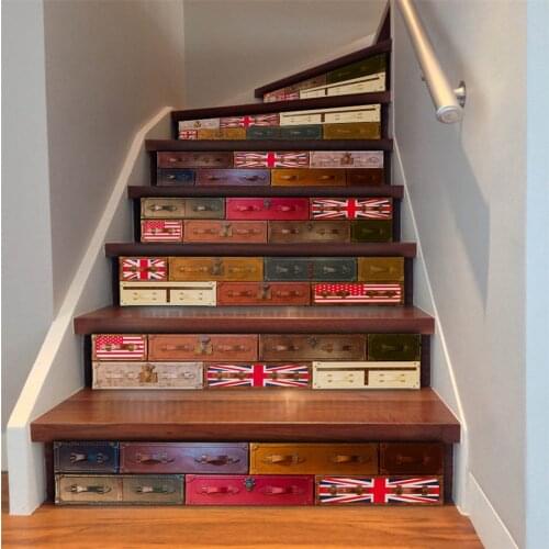 British Suitcase Stairs Sticker Self-adhesive Removable Retro European Stair Mural For Home Corridor Steps Decor Staircase Decal