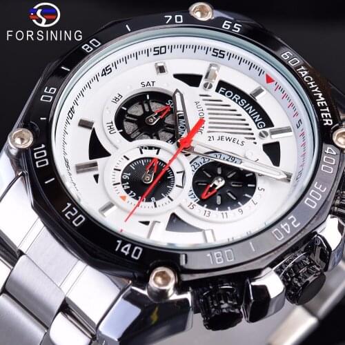 Forsining 2019 Design Three Dial Sport Military Silver Stainless Steel Mens Automatic Wrist Watches Top Brand Luxury Male Clock