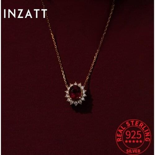INZATT Real 925 Sterling Silver Geometric Zircon Red Crystal Pendant Choker Necklace For Women Bohemian Fine Jewelry Accessories
