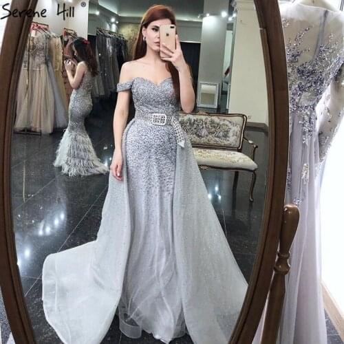 Dubai Grey Mermaid Luxury Sleeveless Evening Dresses 2020 Off Shoulder Sexy Formal Dress Design Serene Hill LA70602