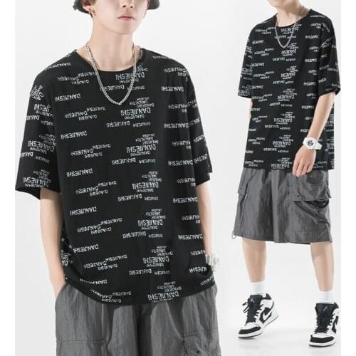 INS Cool Male T-Shirts Men Tops Tee Oversized Summer Drop Shoulder Tshirts Men Cotton Fashion Half Sleeve Print Tee Shirts Women