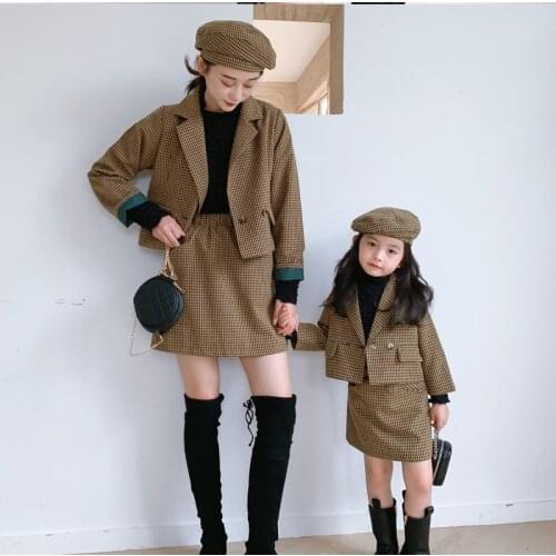 Winter Family Matching Clothes Set Fashion Plaid Suit Jacket Skirt Hat 3pcs for Mom and Daughter Family Look Mother Daughter New