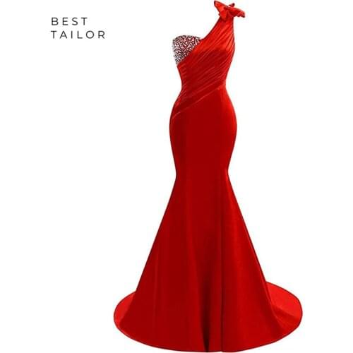 Red Mermaid Bridesmaid Dresses One Shoulder Beaded Bow Maid of Honor Gown 2021 robe demoiselle d'honneur vestido de fiesta noche