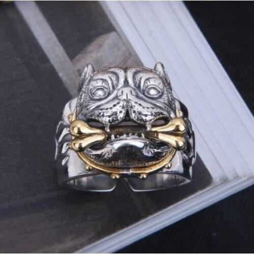 Fashion Personality Animal Zodiac Pug Dog Inlaid Brass Bone Rod Creative Open Ring for Men Trend Jewelry