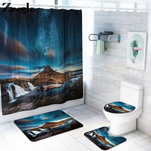 Starry Sky Printed Bath Mat Set with Waterproof Shower Curtain Set Scenic Floor Mat for Bathroom Toilet Foot Mats Shower Rugs