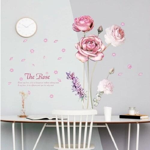 Pink Roses Wall Stickers For Bedroom Window Door Room Decoration Plant Plane Mural Pastrol Removable Diy Wallposters Sale