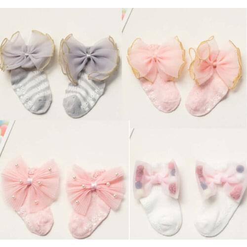 Newborn summer Non-slip socks dispense 0-6-12-24 months full bow cotton Girl mesh thin socks new born large lace bow pearl