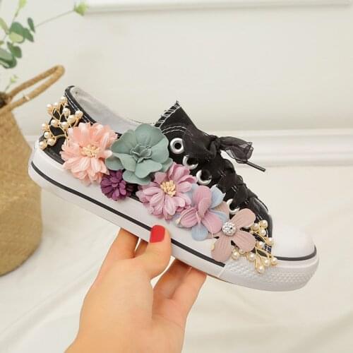 Canvas shoes womens thick-soled rhinestone flower lace-up low-top shoes white shoes casual flat shoes