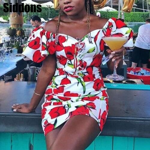 Lace Up Strapless Off The Shoulder Sexy Mini Dress Short Sleeve Holiday Floral Print Ruffle Beach Dress White