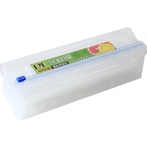 Plastic Food Wrap Dispenser with Slide Cutter Adjustable Cling Film Cutter Preservation Foil Storage Box with Suction Bottom