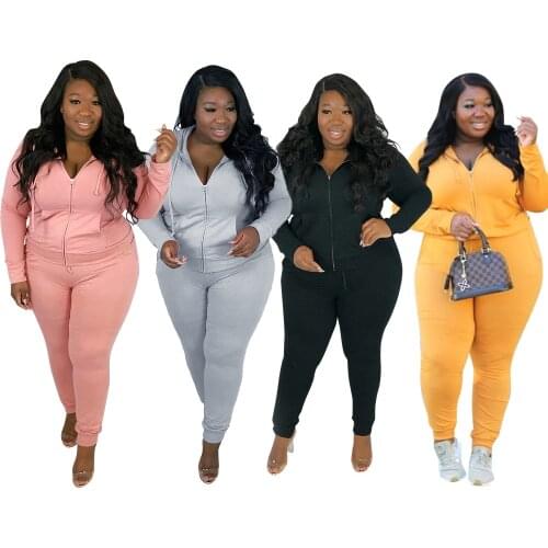 Casual Sporwear Women Solid Tracksuits Plus Size Lady Zipper Drawstring Hoodies Skinny Pencil Pants Autumn High Elastic Outfits