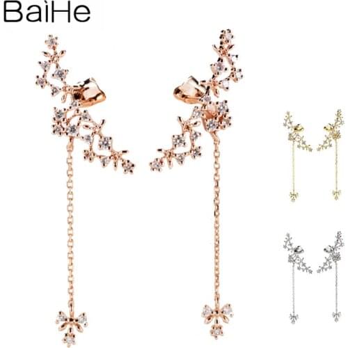 BAIHE Genuine Solid 18K Rose Gold H/SI Natural Diamonds Earrings Wedding Fine Jewelry Feather Ear Wire Earrings Women Cерьги