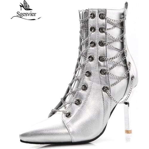 Sgesvier Fashion Women Ankle Boots High Heels Black Silver Shoes Woman Lace Up Short Boots Ladies Shoes Female Size 32-48 G635