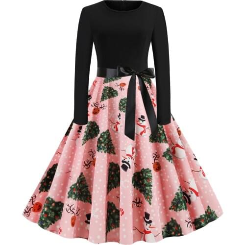 Witbuy Christmas Black Big Swing Santa Print Bow Dresses For Women Vintage O Neck Lace Up New Year Party Dress Woman Clothes