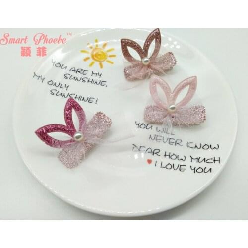 Boutique 30pcs Fashion Glitter Cute Bunny Ears Lace Bow Hairpins Solid Kawaii Rabbit Ears Bead Hair Clips Headwear Accessories