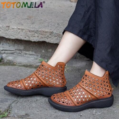 TOTOMELA 2020 genuine leather boots women cut outs breathable retro summer boots brown cow leather zipper ladies ankle boots