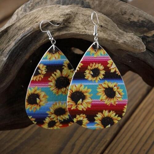 2021 Ethnic Style Double-sided Drop-shaped Sunflower Leather Earrings Retro Colorful Printing Lychee Leather Earrings Women