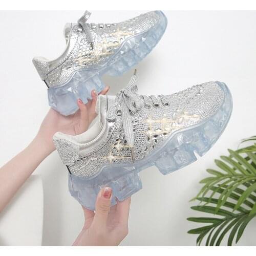 Womens fashion crystal shoes, rhinestone jelly sole casual height-increasing shoes, net red womens hot diamond sneakers