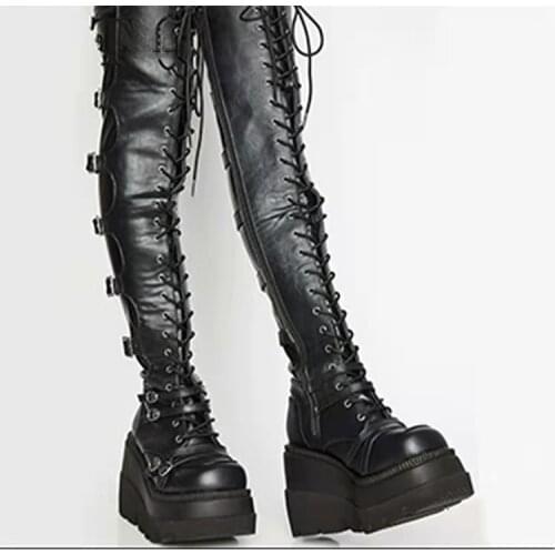 Women Punk Cosplay Party Over Knee High Riding Boots Casual Outdoor Lace Up Shoes Black Plus Size NEW 2022