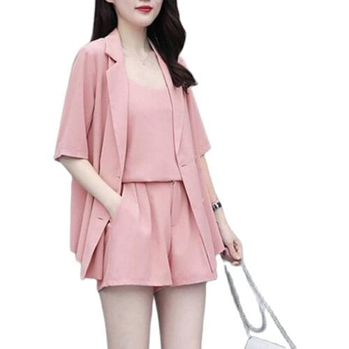 2021 Summer Women 3 Pieces Set Casual Single Button Blazer Jacket & Elastic Waist Pant Female Blazer shorts Pant Suit