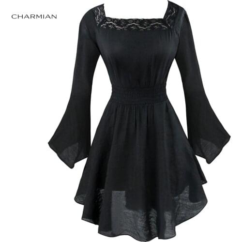 Charmian Womens Autumn Dress Victorian Gothic Dress Casual Long Flare Sleeve Lace Dress Short Tunic Dress Vestidos