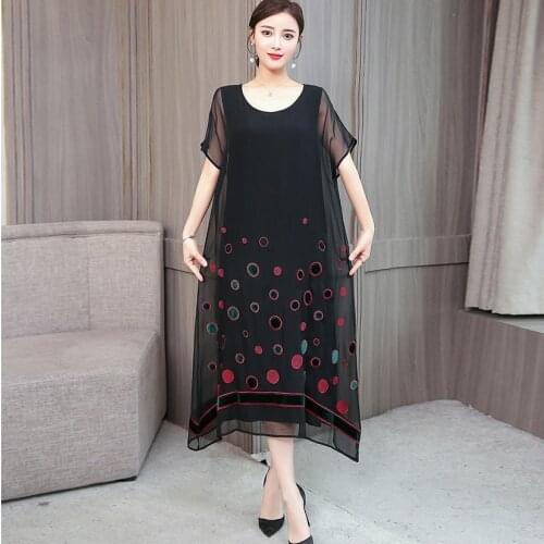 Imitate silk dresses female summer new wave point loose short-sleeved dress large size high quality elegant party vestidos