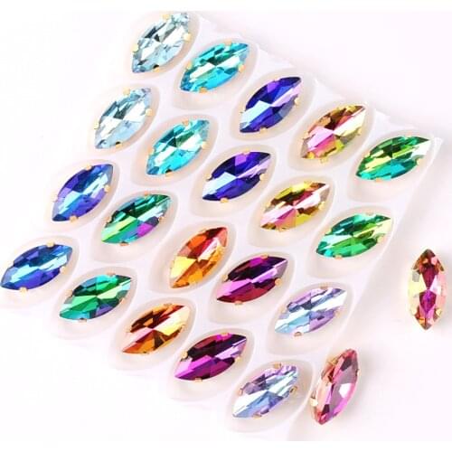 Navette shape Gold claw settings 20pcs/p Rainbow color glass Crystal 7*15mm Sew on rhinestone horse eye Crystals bags diy trim