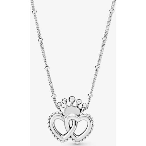 100% 925 Sterling Silver Crown & Interwined Hearts Pendant Necklace Fashion Jewelry Silver Necklaces for Women Colgantes