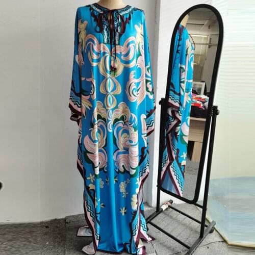 2021 Summer Fashion Designer Bohemian Long Dress Women Blue Batwing Sleeve Printed Loose Vacation Party Dress Robe