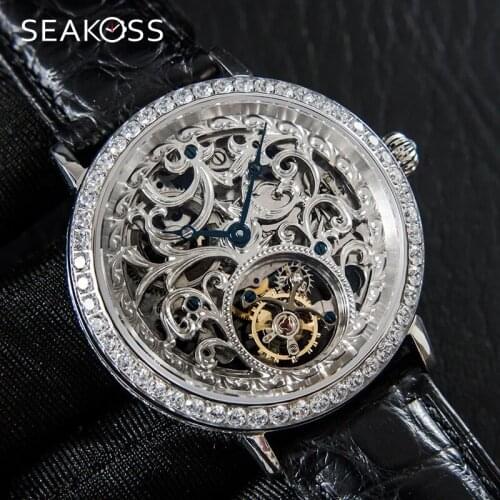 SEAKOSS Luxury Mechanical Skeleton Tourbillon Mens Watch Sapphire Diamond Men Watch ST8000K Seagull Movement Leather Male Watch