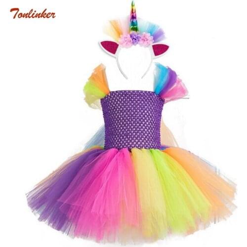 Children Christmas New Rainbow Unicorn Costumes With Hair Hoop Set Princess Flower Girls Tutu Tulle Dress Kids Party Dresses