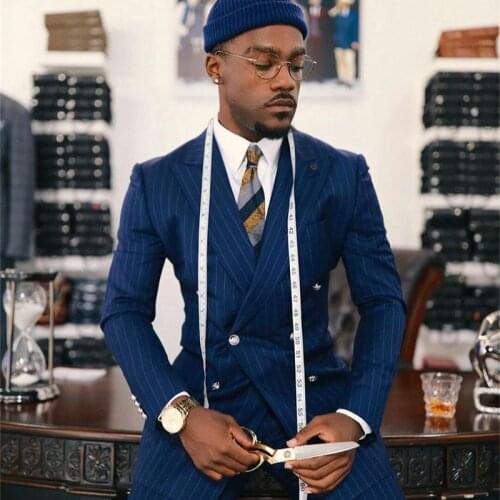 Double Breasted Navy Striped Mens Pants Suits Custom Made One Button Groom Best Man Coat Blazer 2 pcs (Jacket+Pants)