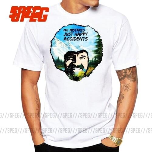 T Shirts Bob Ross No Mistakes Just Happy Accidents T-Shirt Cool Male Cotton Short Sleeve Printing Youth Tee Shirt Guys